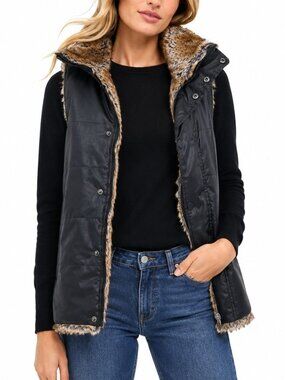 Tuckernuck Emilia Black Waxed Reversible Vest Faux Fur Sleeveless Jacket